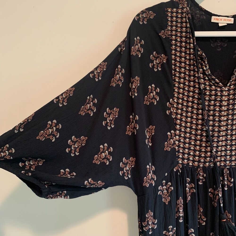 Knox Rose Womens Black Boho V Neck Tassel Loose Fit Mini Dress Rayon S - Picture 3 of 8